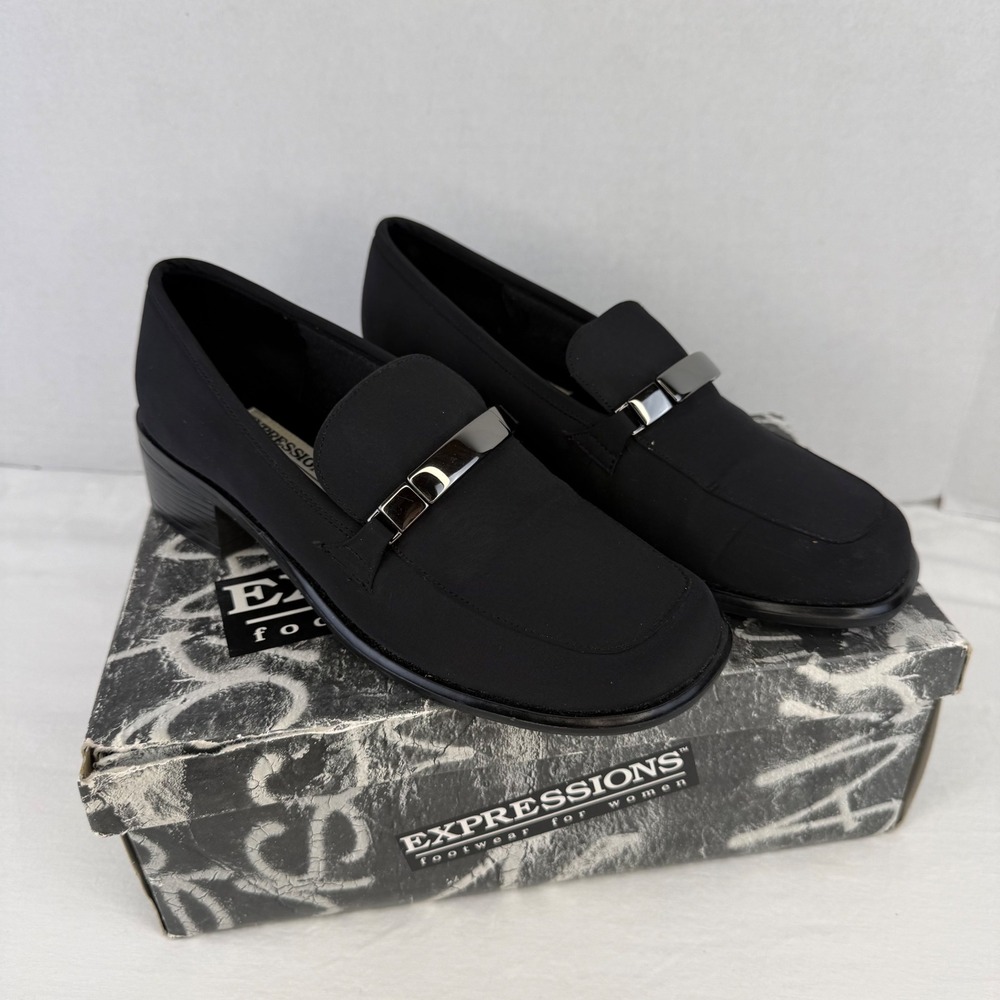 Expressions Black Square Toe Loafers Silver Bar Accent‎ Block Heel Womens 7